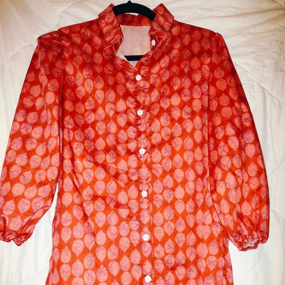 Unbranded Blouse Womens Silk Red/Pink Long Gathered Sleeves Teardrop Pattern
